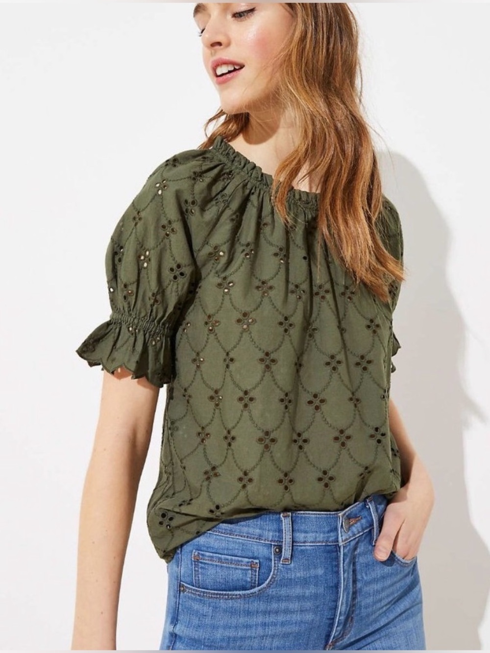 Loft Petite Eyelet Puff Sleeve Top Green Wild Vine Size Medium